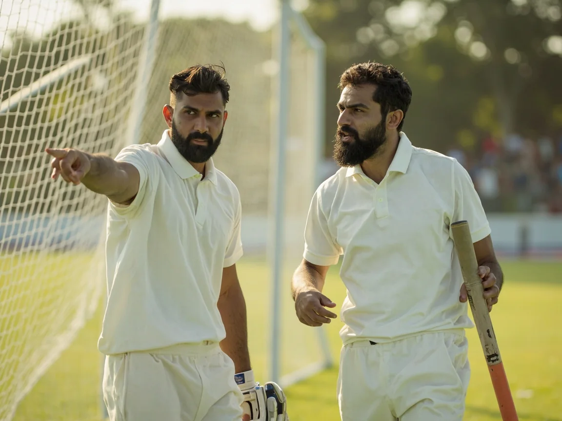 Two cricket captains discussing field placement beside practice nets