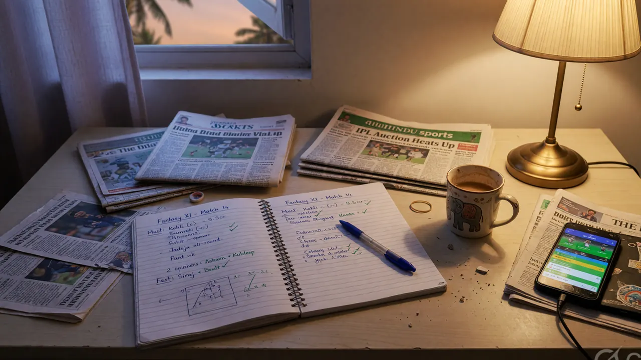 A reader at a small home desk at dusk with a phone showing cricket news and an open notebook listing fantasy XI candidates