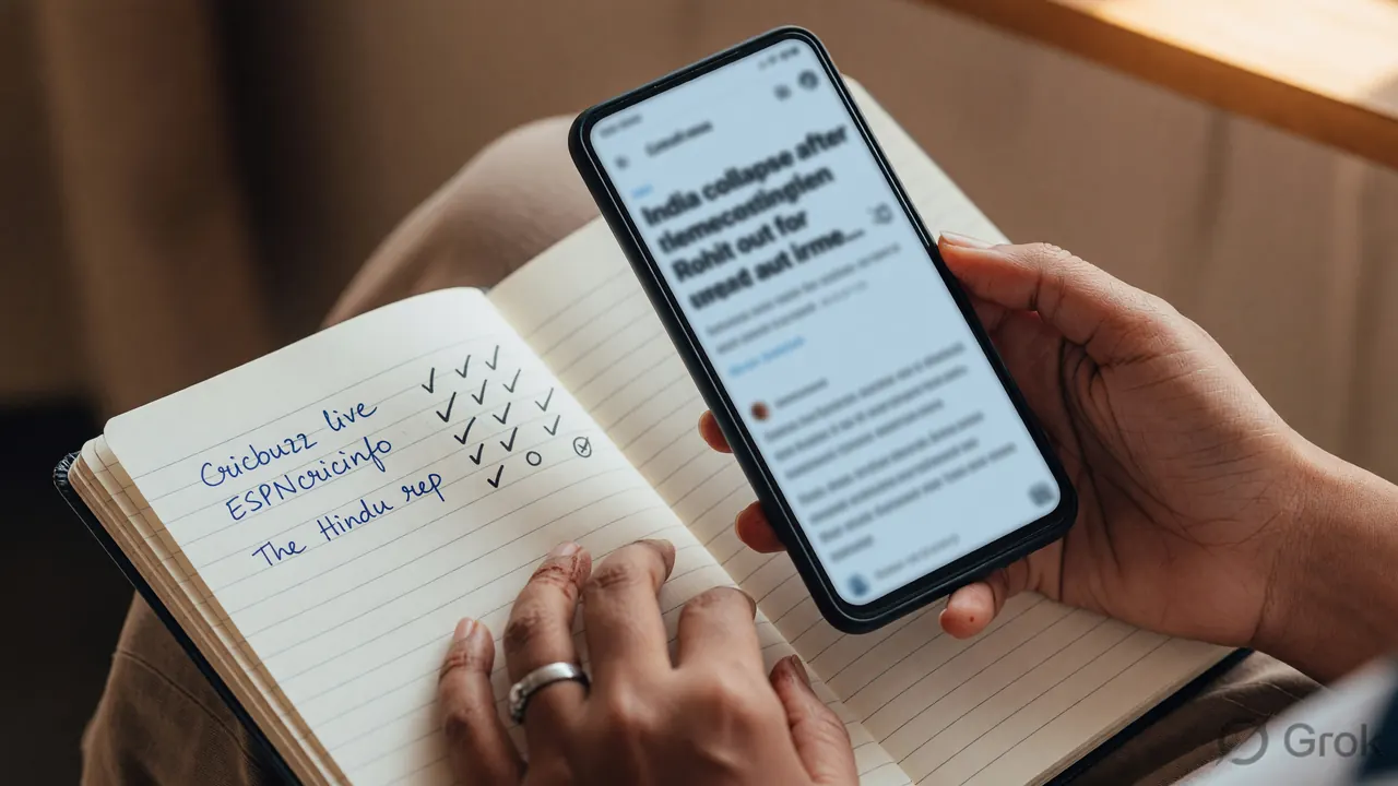 A close-up of a reader's hand holding an unbranded phone showing a single cricket headline, beside a notebook with three short handwritten source names and three credibility ticks